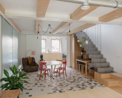 Apartment with exposed ceiling beams