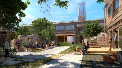 Architectural render of an outdoor courtyard