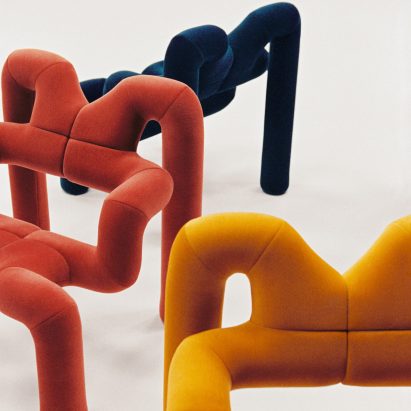 Close up of yellow, rose and blue Ekstrem chairs
