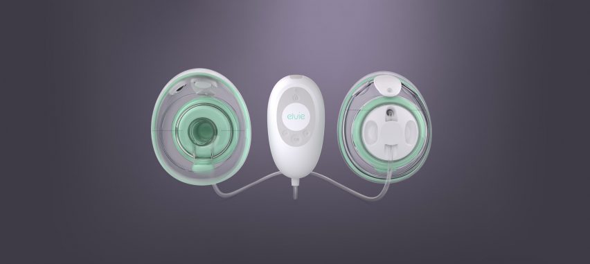 A white and green Elvie Stride breast pump
