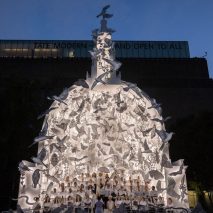 An illuminated dome with paper decorations