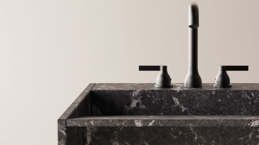 Photograph showing detail of black marble sink