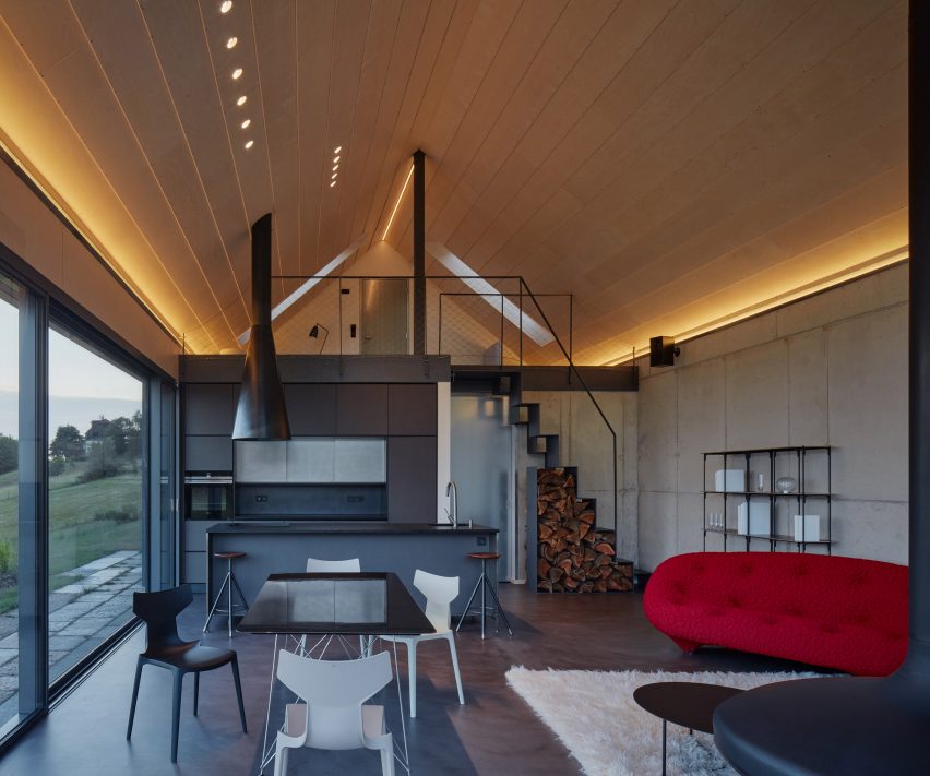 Photograph of open plan interior in evening