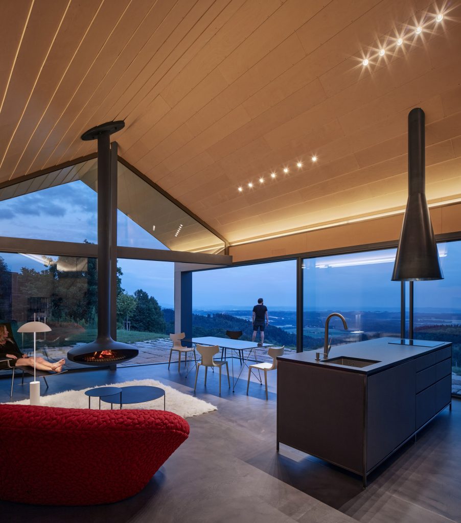 Photograph of open plan interior in evening