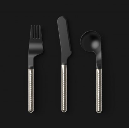 Black and metal finished Font cutlery set