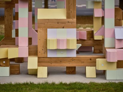 Pavilion built from wooden blocks