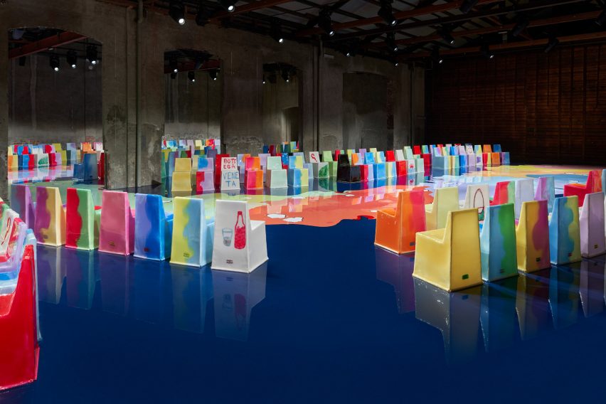 Gaetano Pesce creates swirling resin set for Bottega Veneta at Milan Fashion Week