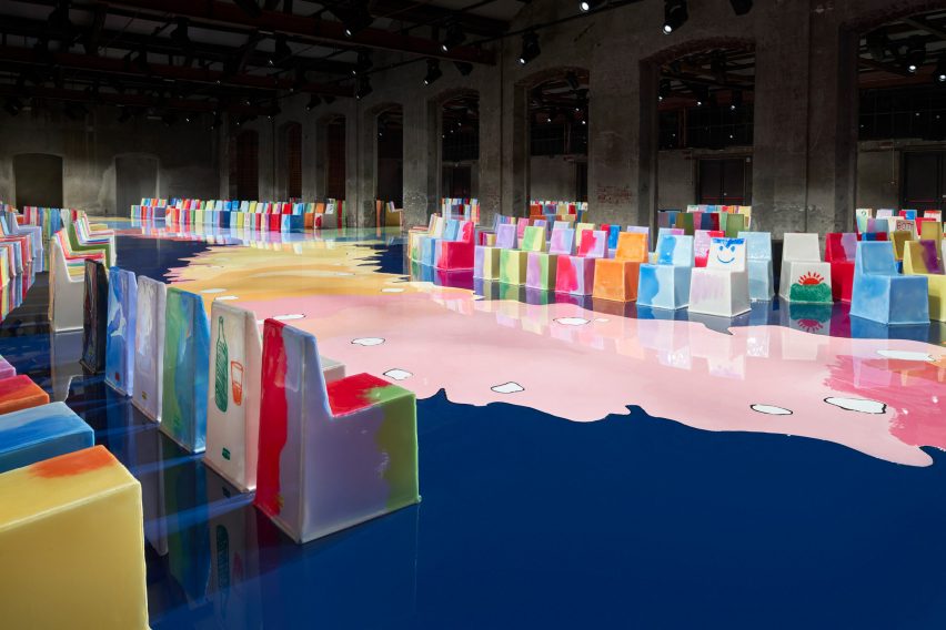 Gaetano Pesce creates swirling resin set for Bottega Veneta at Milan Fashion Week