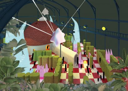 Render of a colourful play space in a warehouse by a student at Glasgow School of Art