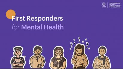 Five cartoon drawings of people on a purple background by a student at Glasgow School of Art