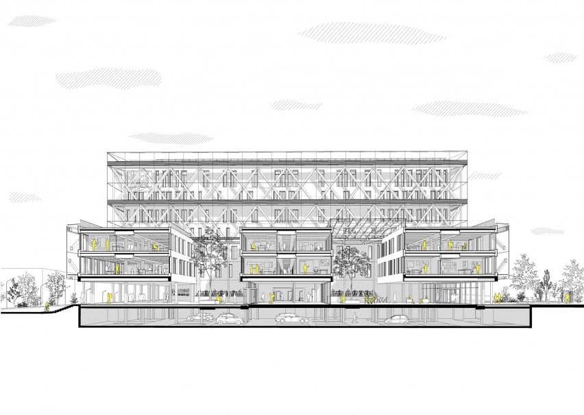 Perspective section drawing of the office building by GRAAM Architecture