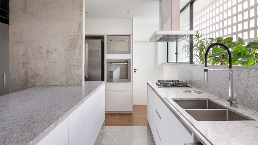 A kitchen with granite counters