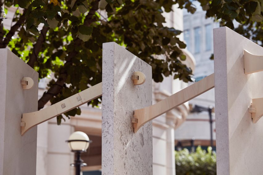 Detail of how stone slabs are connected by plywood