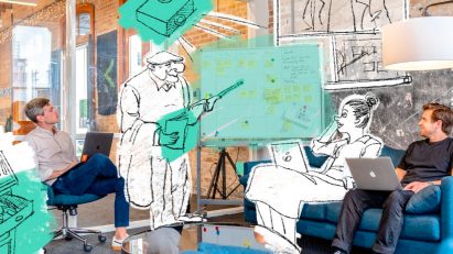 Person presenting at a board with sketch characters overlayed