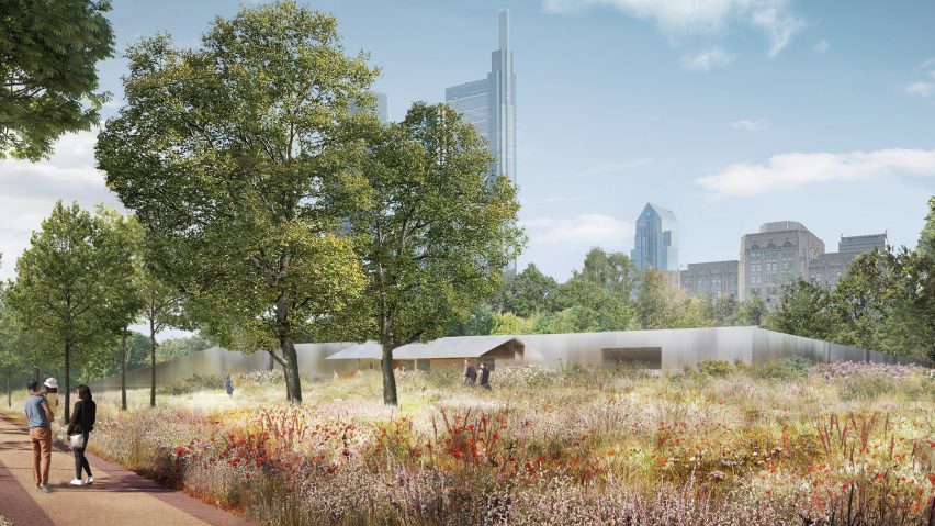 Herzog de Mueron Calder Building from the path in Philadephia