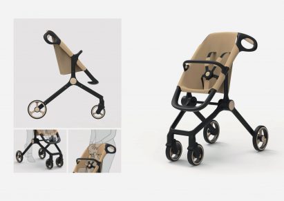 Visualisations of black and beige baby pram