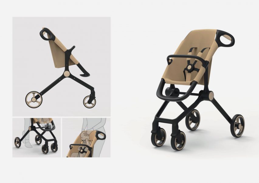 Visualisations of black and beige baby pram
