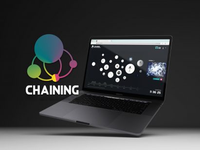 Black laptop on a black background with student's graphics by student at Hong Kong Polytechnic University