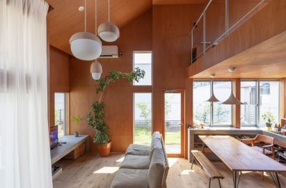 Wood-lined interior of a house in Akishima
