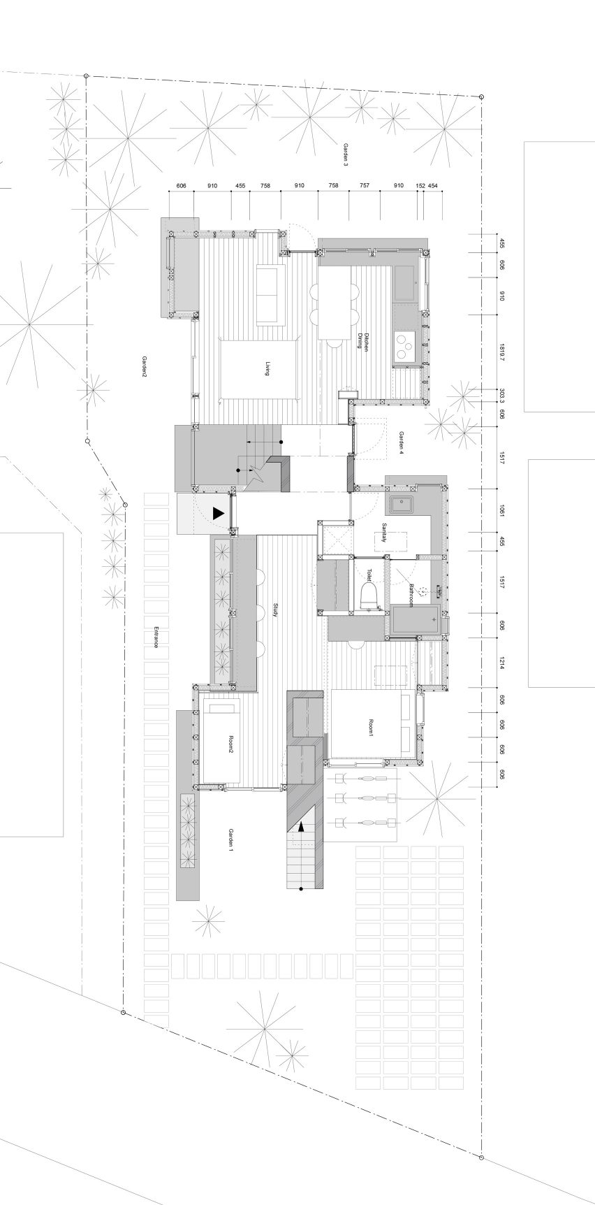Ground floor plan of house in Akishima by Office M-SA
