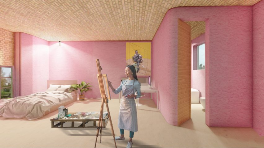 Pink interior bedroom with a person painting on an easel