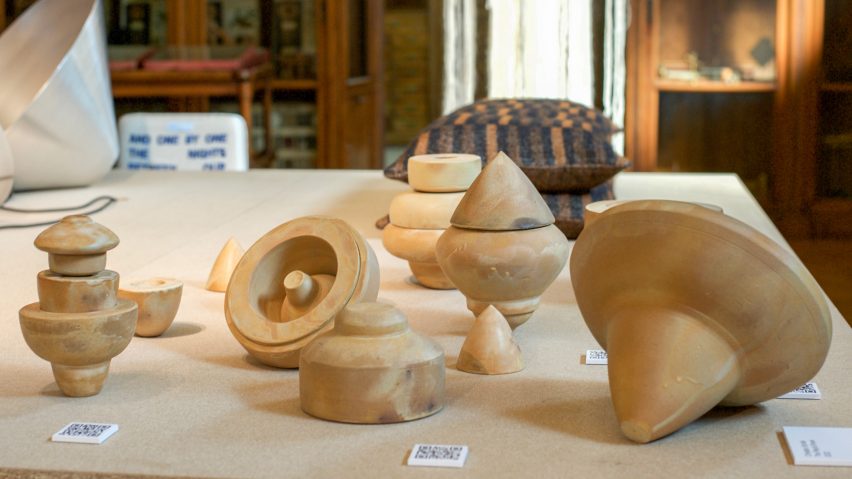 Beige coloured sculptures on display at Lake Como Design Festival