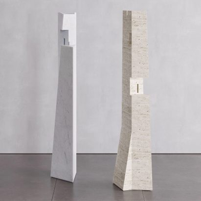 Two totemic pole sculptures at Lake Como Design Festival