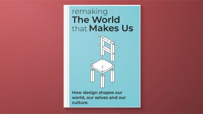Book titled 'Remaking the World that Makes Us' with a diagram of a chair
