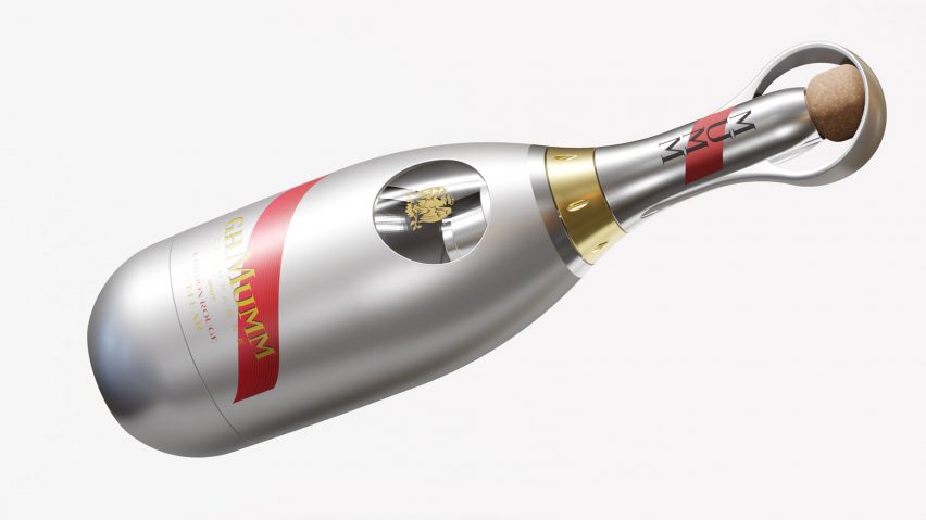 A silvery champagne bottle with red details