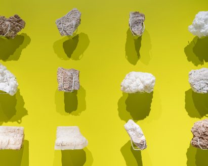 Rock samples from Atacama Desert in Chile on yellow wall