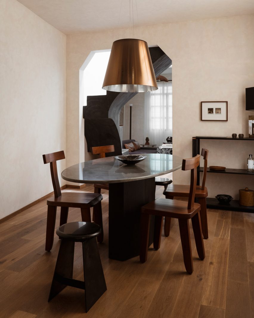 Dining room with dark wood furniture