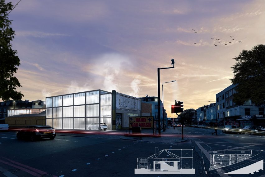 Exterior visualisation of carwash with semi-transparent facade lit from inside