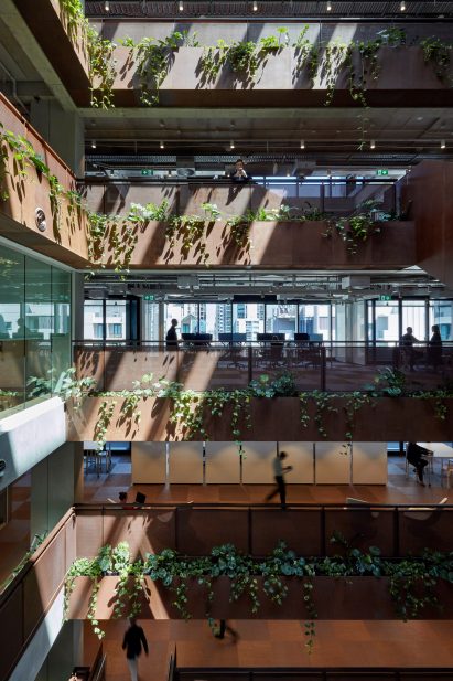 Atrium with weathered-steel balconies