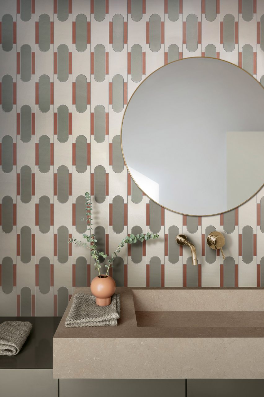 Photograph showing sink area with geometric print tiles