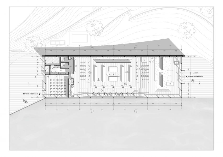 Ground floor plan of bookstore in Chengdu with roof shaped like "a flipped book"