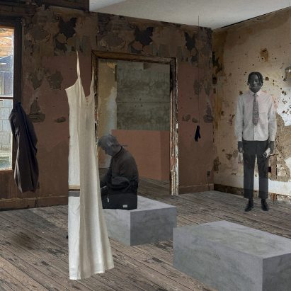 Render of a residential interior with hanging clothes