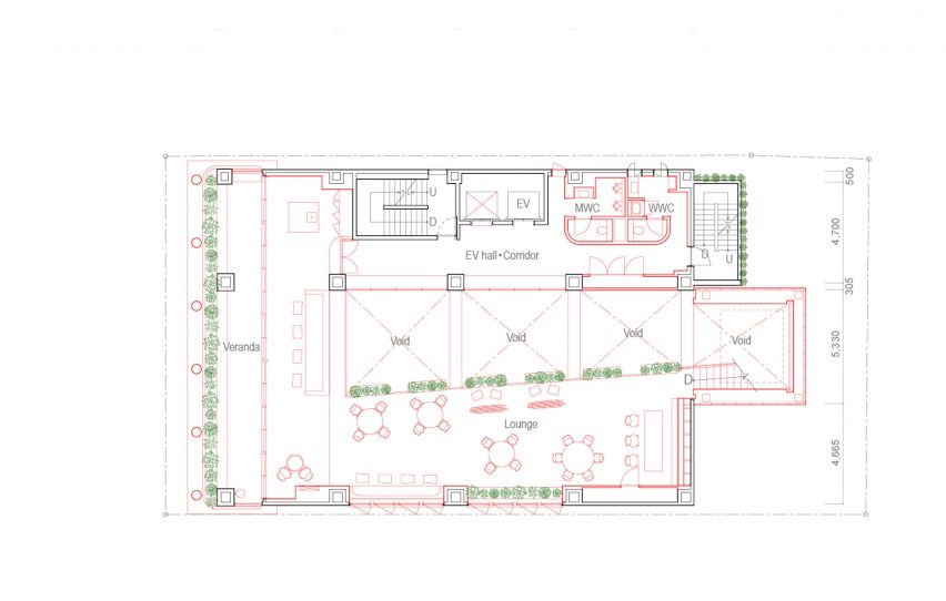 Second floor plan of Good Cycle Building by Nori Architects