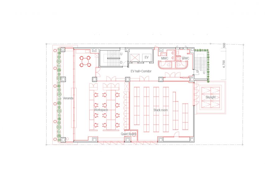 Second floor plan of Good Cycle Building by Nori Architects