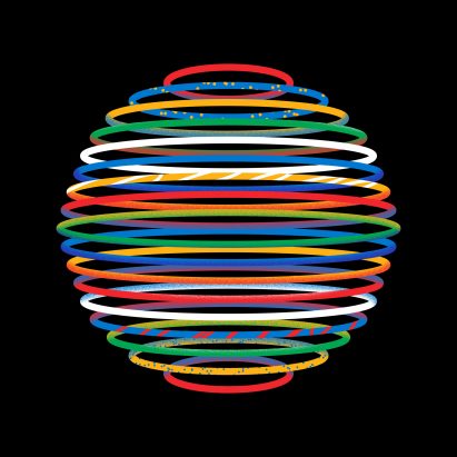 A spherical graphic coloured in the Olympic brand colours