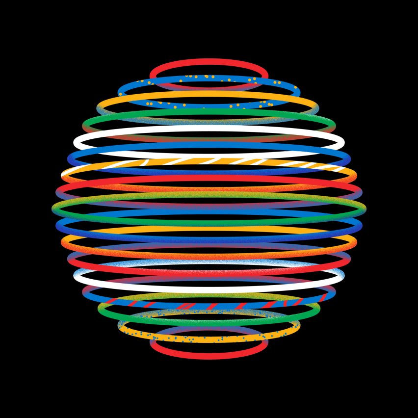 A spherical graphic coloured in the Olympic brand colours