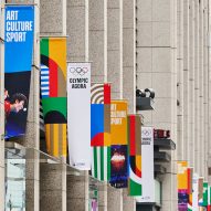 Olympic identity on banners on building