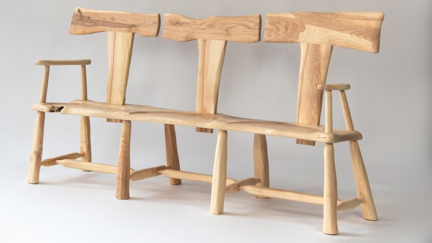 Three-seater ash wood bench by Wilkinson & Rivera for SCP's One Tree exhibition at LDF