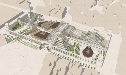 3D digital architecture model of a gated city on a beige background