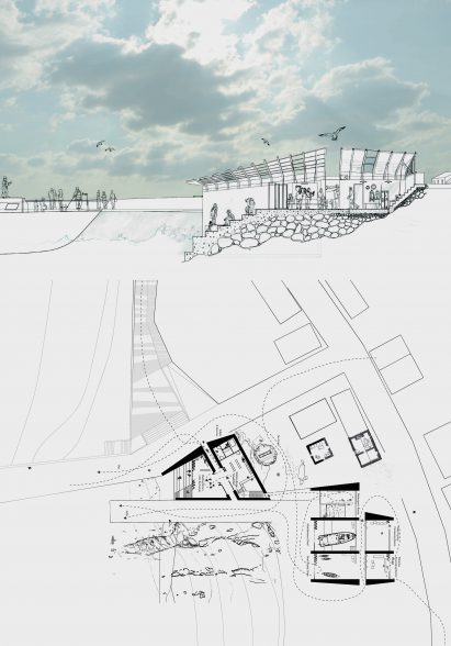 Section of a low-lying building built into the hillside with a site plan below by an architecture student