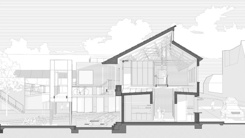 Greyscale perspective section of a pitched roof residential building