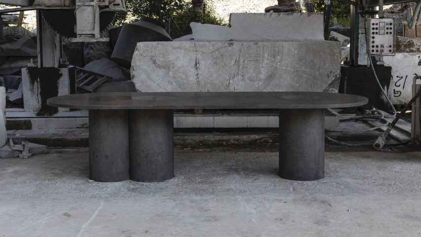 Peca's Petra dining table celebrates the "raw beauty" of volcanic stone