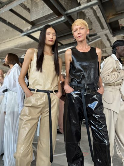 Models are pictured together at Peter Do Spring Summer 2023 wearing looks made from materials by TômTex