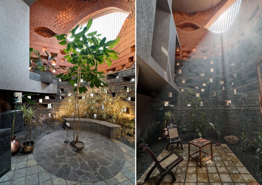 PMA madhushala wraps Indian home in perforated wall of brick and stone