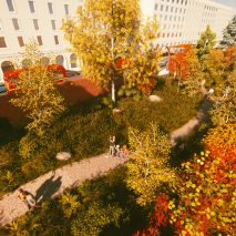 Colourful park with trees with red leaves