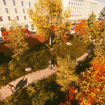 Park with grass and colourful trees